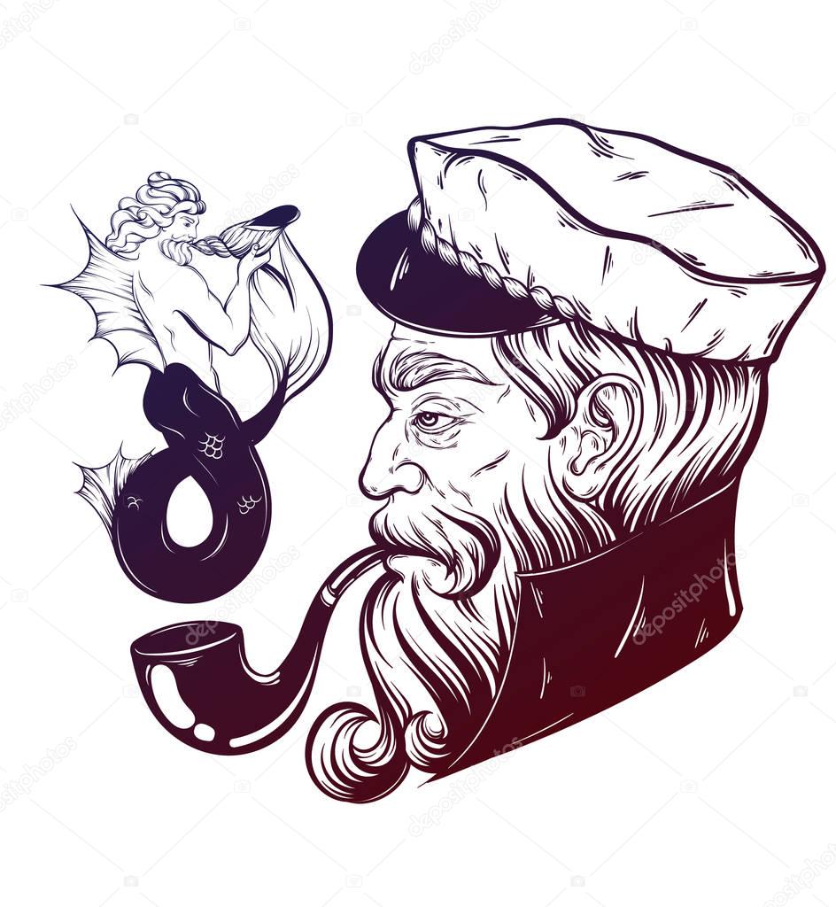 Vector hand drawn illustration of captain with pipe 