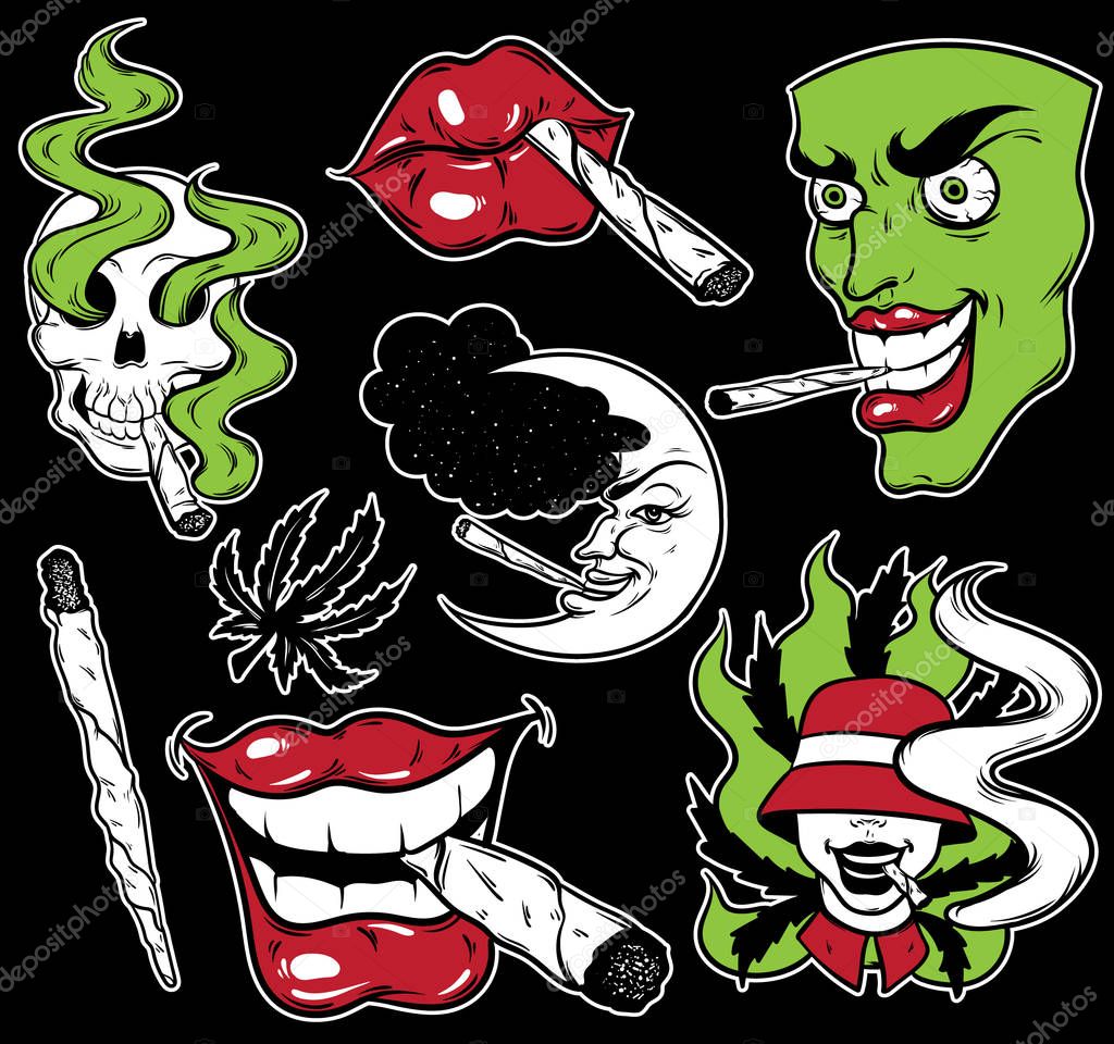 Vector fashion patch badges set with lips, skull, roll-up, face and marijuana. Patches, pins, stickers made in hand drawn cartoon style. Weed stickers collection.