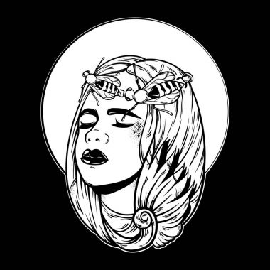 Vektör el güzel genç kızın çizilmiş illusstration