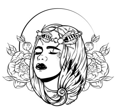 Vektör el güzel genç kızın çizilmiş illusstration