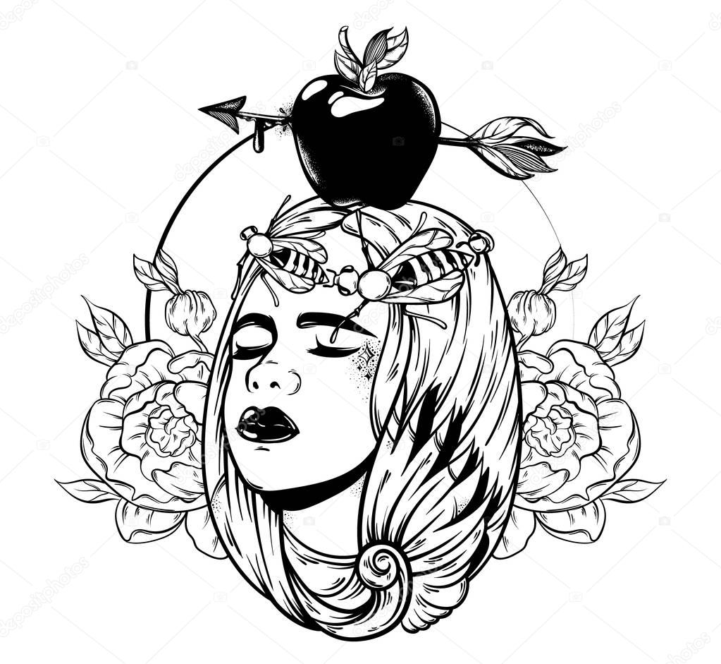 Vector hand drawn illustration of apple with arrow on female head. Portrait of young girl with bees.  Tattoo artwork. Template for card, poster, banner, print for t-shirt.