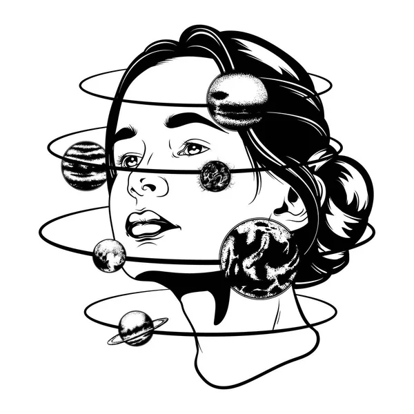Векторная Ручная Иллюстрация Молодой Красивой Женщины Геометрической Композиции Планет Шаблон — стоковый вектор