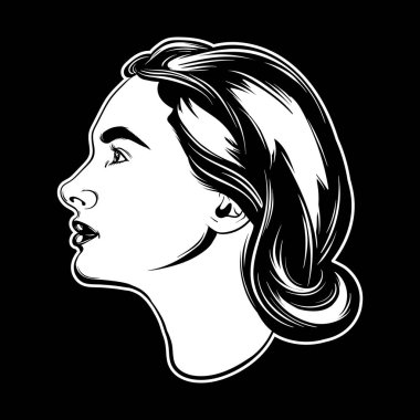 Güzel kadının çizilen illüstrasyon vektör ver. El taslağı portre izole. Şablon kartı, poster, afiş, t-shirt, baskı için logo.