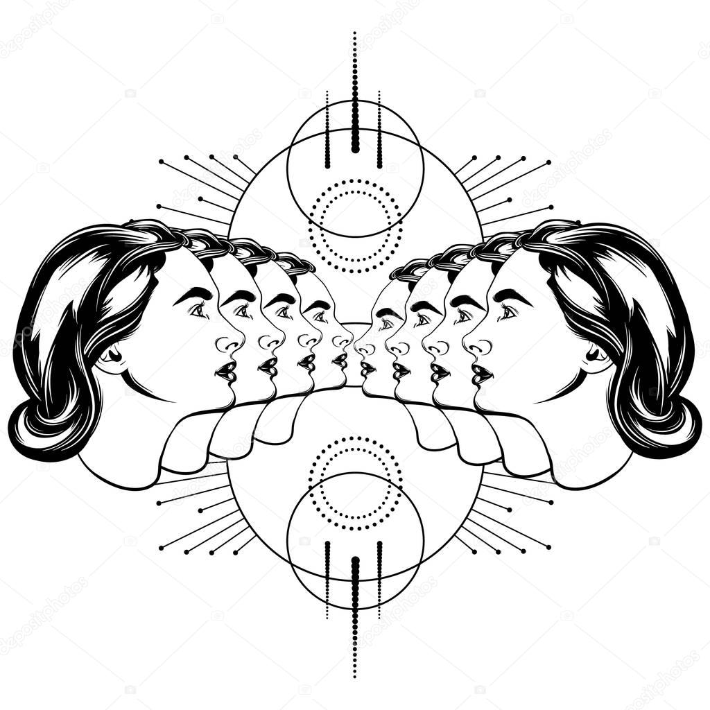 Vector hand drawn illustration of realistic woman. Tattoo artwork with geometrical composition. Template for card, poster, banner, print for t-shirt.