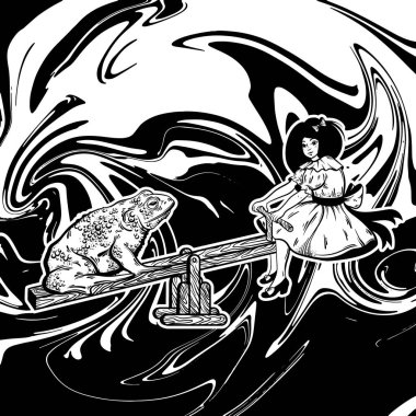 Vektör elle çizilmiş çizim çirkin kurbağa salıncak üzerinde güzel kızla. Yaratıcı sanat çalışmaları. Olağandışı karikatür. Kart poster afiş t-shirt için yazdırma için şablon.