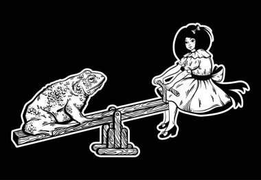 Vektör elle çizilmiş çizim çirkin kurbağa salıncak üzerinde güzel kızla. Yaratıcı dövme sanat. Olağandışı karikatür. Kart poster afiş t-shirt için yazdırma için şablon.