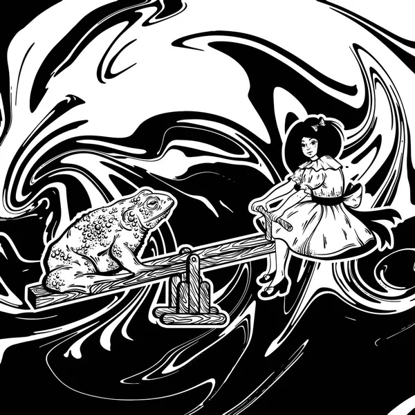 Vektör elle çizilmiş çizim çirkin kurbağa salıncak üzerinde güzel kızla. Yaratıcı sanat çalışmaları. Olağandışı karikatür. Kart poster afiş t-shirt için yazdırma için şablon.