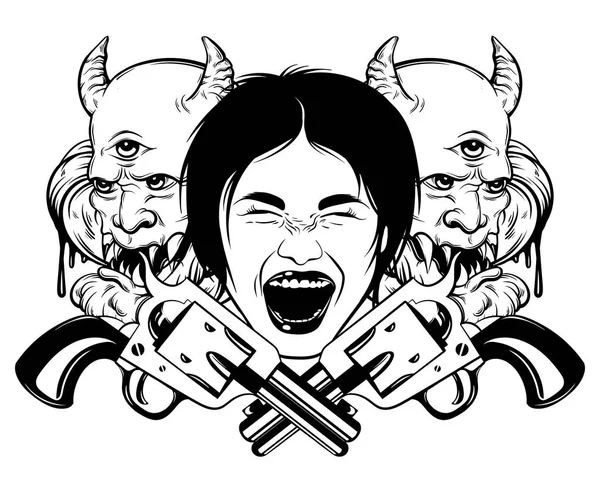 Wektor Ręcznie Rysowane Bardzo Szczegółowych Ilustracji Krzyczy Głowy Demonów Pistolety — Wektor stockowy