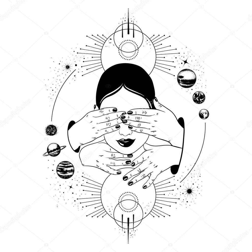 Vector hand drawn illustration of head with hands. Creative tattoo artwork. Template for card, poster, banner, print for t-shirt.
