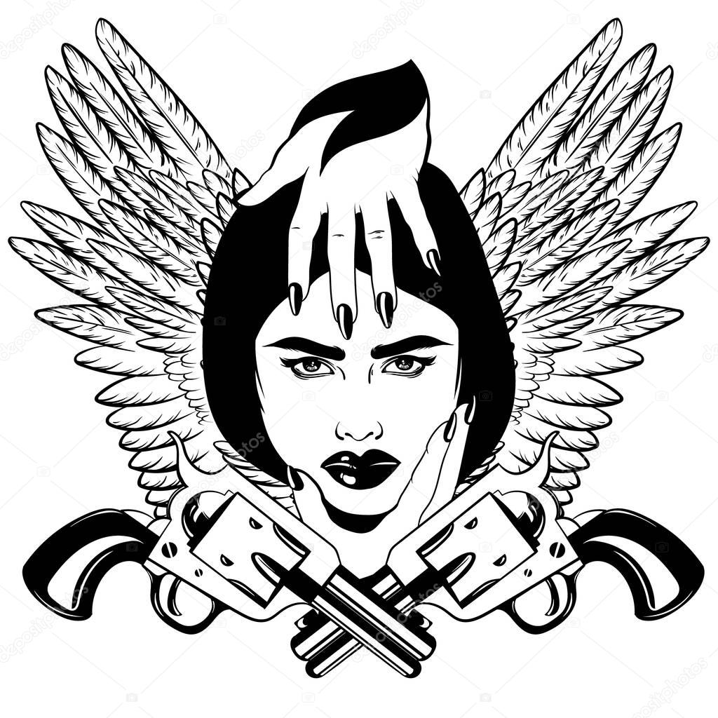 Vector hand drawn illustration of realistic angry girl with hands, guns and wings. Tattoo hand sketched artwork with portrait. Template for card, poster, banner, print for t-shirt, sticker, textiles.