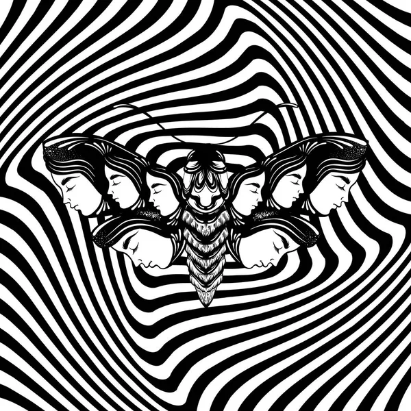 Illustration Vectorielle Dessinée Main Papillon Nuit Avec Des Visages Féminins — Image vectorielle