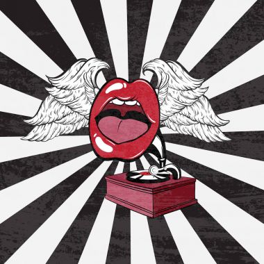 Gramofon insan ağzı ve kanatlar ile çizilen illüstrasyon vektör ver. Dövme sanat 90 's tarzı yaptı. Şablon için kart, poster, afiş, t-shirt, tekstil, rozet, etiket, PIN için yazdırmak.