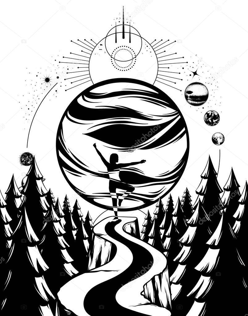 Vector hand drawn landscape with planet, empty road leading to horison between trees. Surreal hand sketched artwork with silhouette of woman. Template for card, poster, banner, print for t-shirt, textiles.