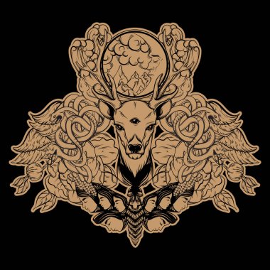 Geyik, gerçeküstü güve, yılanlar ve ay elle çizilmiş benzersiz illüstrasyon vektör kümesi. Fantastik dövme sanat. Şablon kartı, poster, afiş, t-shirt için Tekstil baskı.