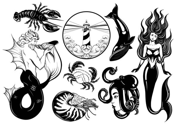 Vector collection of hand drawn realistic illustration of marine characters. Fashion patche badges. Template for card, poster, banner, print for t-shirt, logotype, pins, textiles.