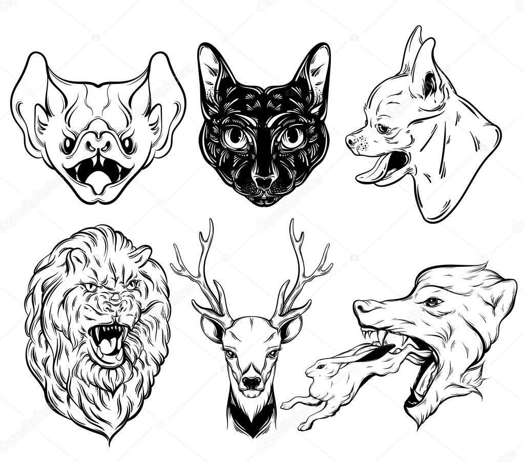 Vector collection of hand drawn realistic illustration of animals. Fashion patche badges. Template for card, poster, banner, print for t-shirt, logotype, pins, textiles.