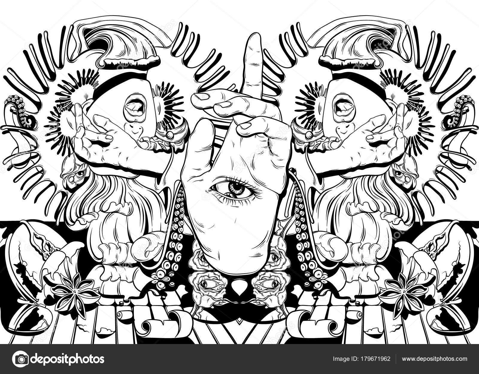 女の子 ハエトリグサを叫んでベクトルの手描きイラスト タトゥー シュールな作品 カード ポスター バナー テンプレート印刷 シャツ テキスタイル  ストックベクター ©katytutynina 179671962, image size:1600x1248