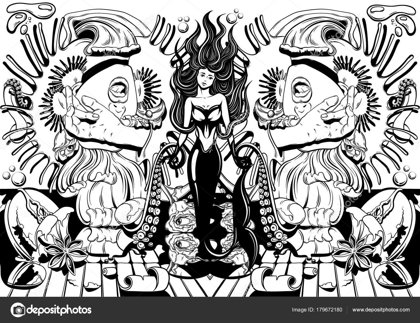 女の子 ハエトリグサを叫んでベクトルの手描きイラスト タトゥー シュールな作品 カード ポスター バナー テンプレート印刷 シャツ テキスタイル  ストックベクター ©katytutynina 179672180, image size:1600x1231