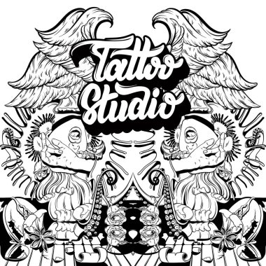 Çığlık atan kız, tentacles, gül, sinekkapan bitkisi ile elle çizilmiş illüstrasyon vektör. Dövme gerçeküstü sanat. Şablon için kart, poster, afiş, t-shirt, tekstil, etiket, boyama kitabı için yazdırma.