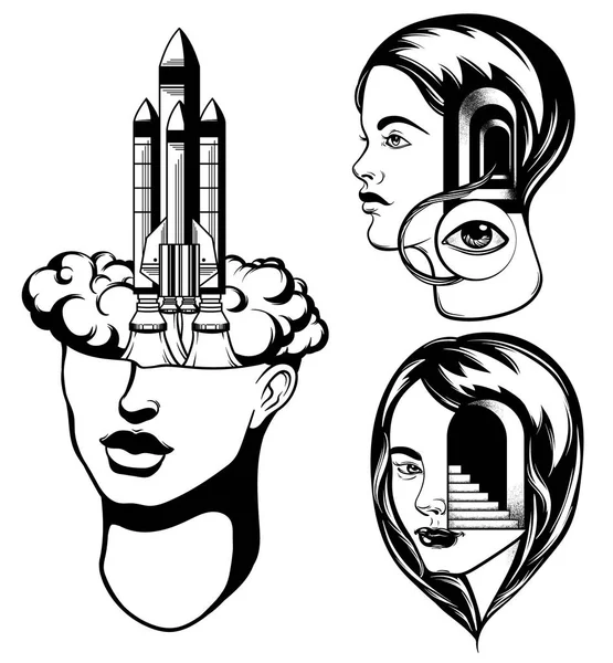 Vektorové Sada Ručně Kreslené Portréty Dívek Surrealistické Tetování Kresby Šablona — Stockový vektor
