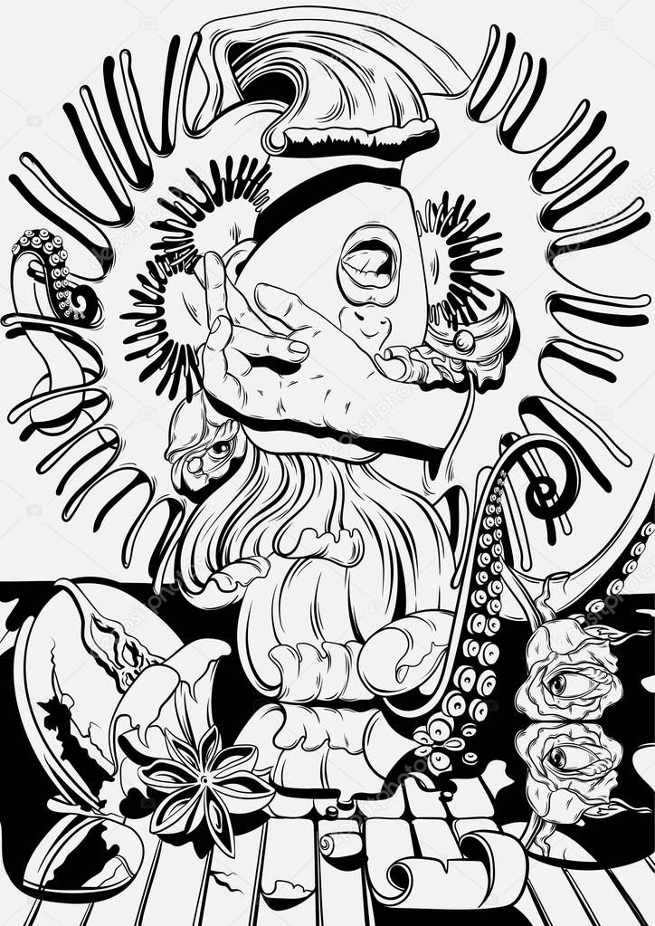 Vector hand drawn illustration  with screaming girl, tentacles, roses, Venus flytrap. Tattoo surrealistic artwork. Template for card, poster, banner, print for t-shirt, textiles, label, coloring book.