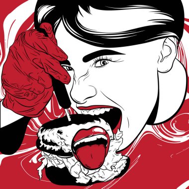 Burger yiyen kızın çizilen illüstrasyon vektör ver. Gerçekçi çizgi stili resimde. Kartı, afiş, t-shirt, etiket, tasarlamak için baskı için şablon.