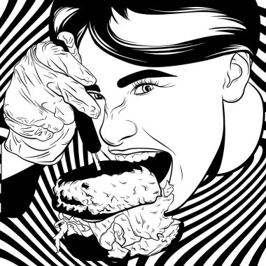 Vector hand drawn illustration of girl eating burger. Artwork in realistic line style. Template for card, banner, print for t-shirt, label, placard. vector Vector hand drawn illustration of girl eating burger. Artwork in realistic line style. Template for card, banner, print for t-shirt, label, placard. vector