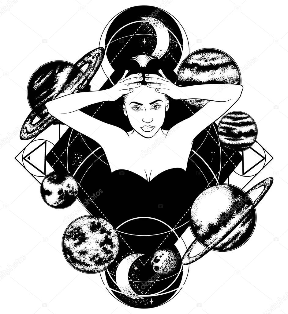 Vector hand drawn illustration of  woman isolated. Tattoo artwork in realistic style with planets. Template for card, poster, banner, print for t-shirt, label.