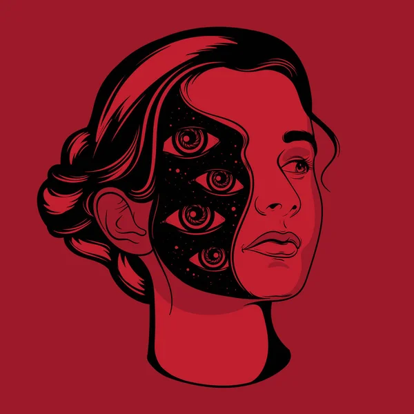 Vector Dibujado Mano Ilustración Surrealista Chica Bonita Tatuaje Plantilla Para — Archivo Imágenes Vectoriales