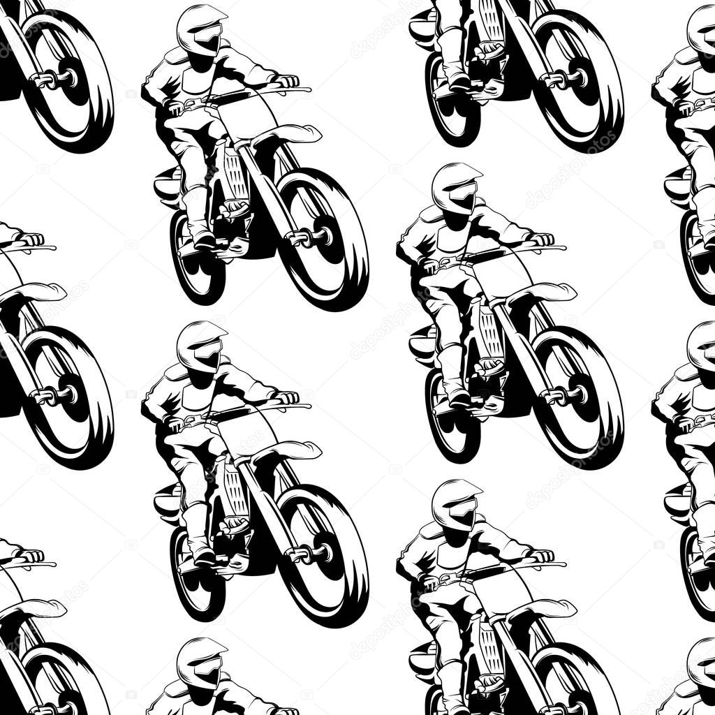 Vector pattern with  hand drawn illustration of motorcyclist. Tattoo artwork. Template for card, poster, banner, print for t-shirt.