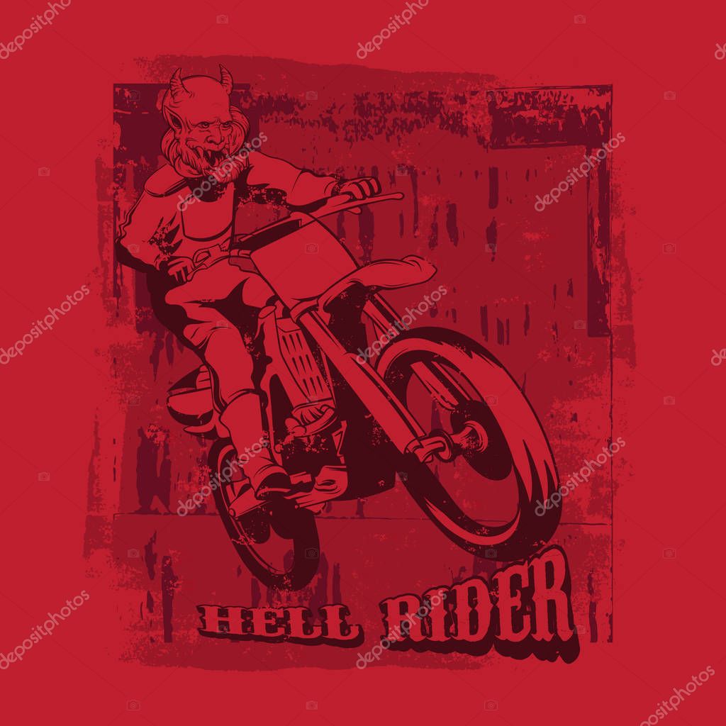 Hell rider. Vector hand drawn illustration of motorcyclist with vintage texture. Tattoo artwork. Template for card, poster, banner, print for t-shirt.