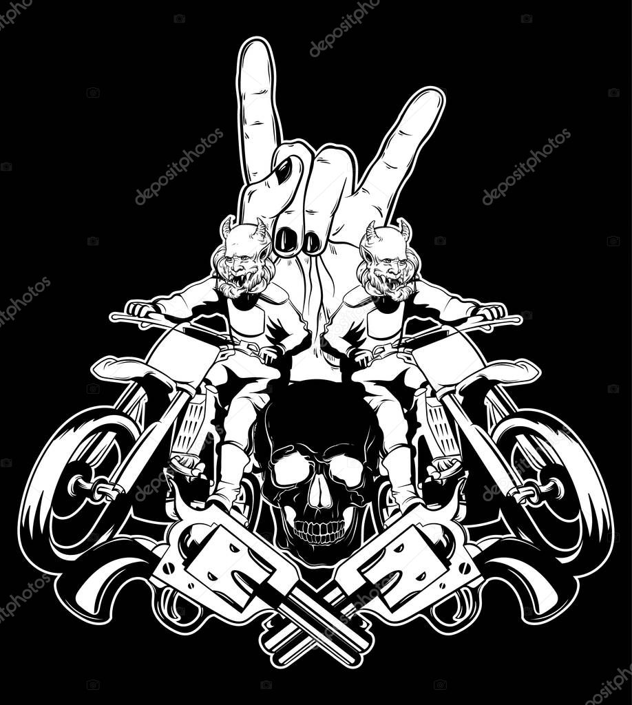 Vector hand drawn illustration of motorcyclist. Surreal tattoo artwork with human skull, rock hand, guns. Template for card, poster, banner, print for t-shirt.