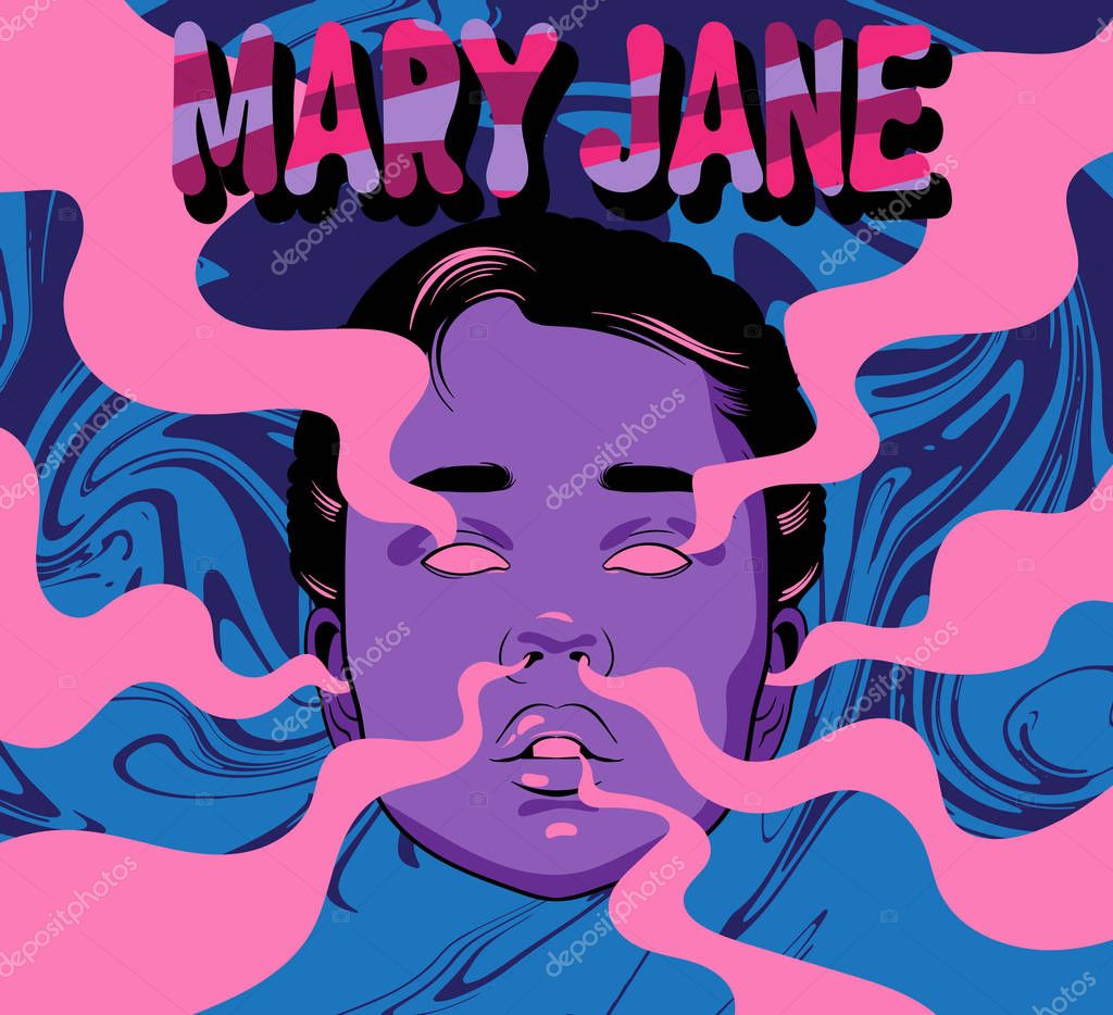 Vector hand drawn illustration of girl with smoke from ears, eyes, nose, mouth. Template for card, poster, banner, print for t-shirt.