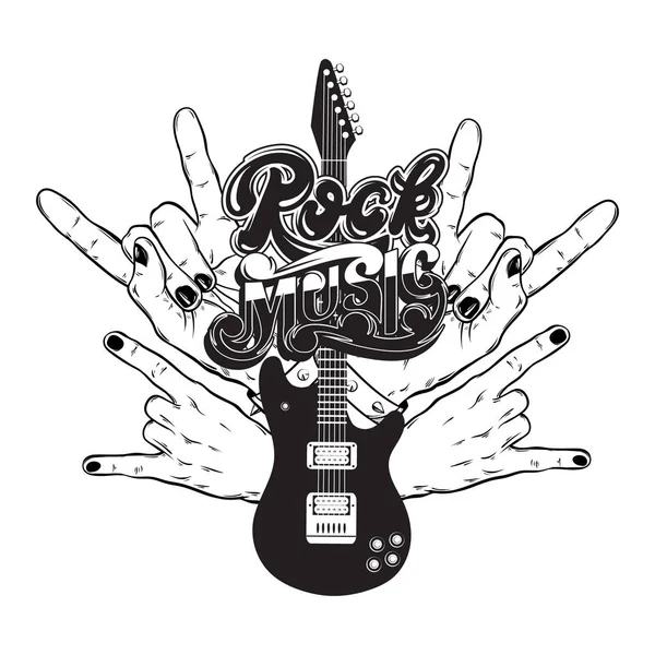 Vectorillustratie Hand Getrokken Van Gitaar Rock Handen Handgeschreven Letters Tattoo — Stockvector