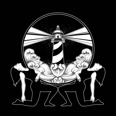 Diz ve deniz feneri kızlardan çizilen illüstrasyon vektör ver. Yazı el yazısı. Kartı, poster, afiş t-shirt için yazdırma için şablon. 