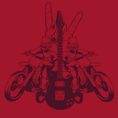 Gitar, yarışçılar ve rock el çizilen illüstrasyon vektör ver. Dövme resimleri. Kartı, poster, afiş, t-shirt, baskı için şablon etiketi.
