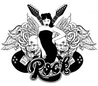 Vektör elle çizilmiş çizim gitar, cinleri, güzel kız, kanat, yılanlar ve elle yazılmış yazı. Dövme resimleri. Kartı, poster, afiş, t-shirt, baskı için şablon etiketi.
