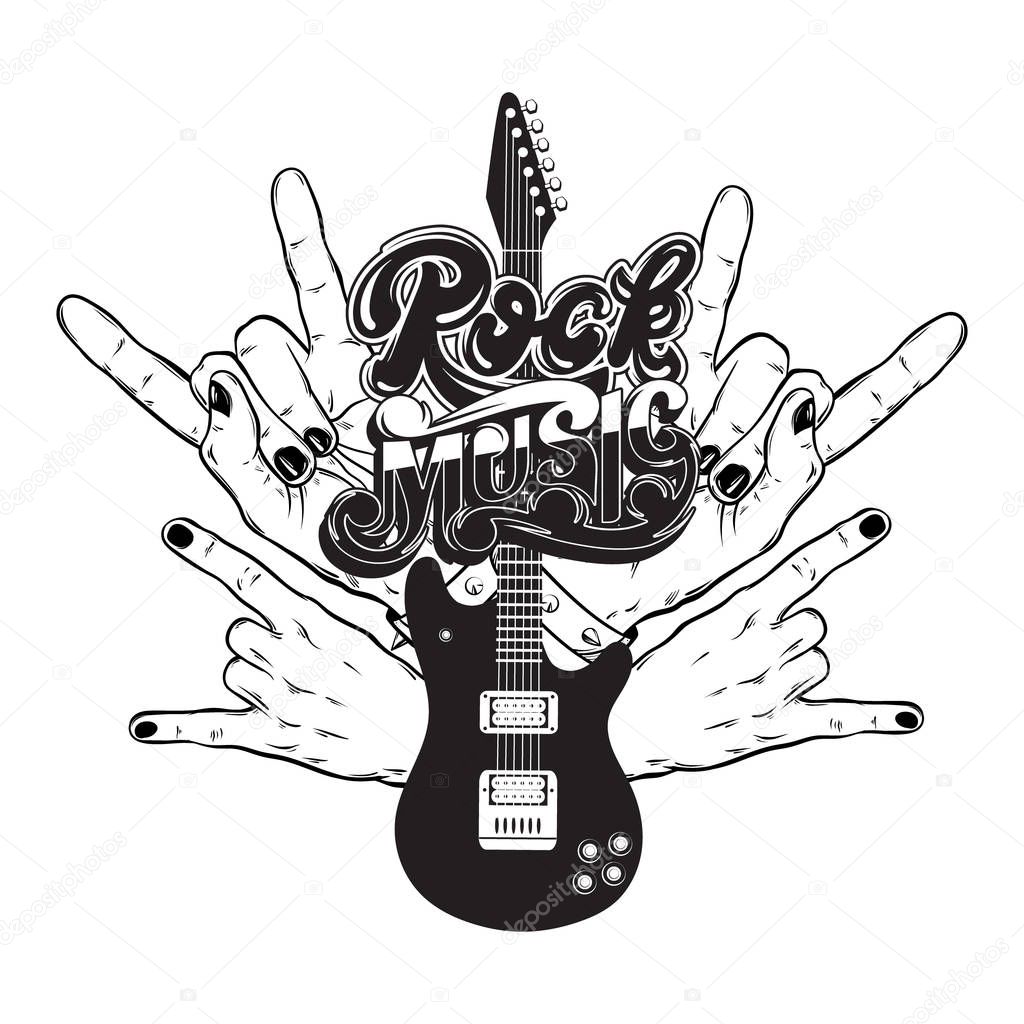 Vector hand drawn illustration of guitar, rock hands  and handwritten lettering. Tattoo artwork.  Template for card, poster, banner, print for t-shirt, label.
