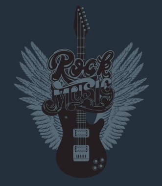 Gitar kanatları ve el yazısı yazı ile vektör elle çizilmiş çizim. Dövme resimleri. Kartı, poster, afiş, t-shirt, baskı için şablon etiketi.