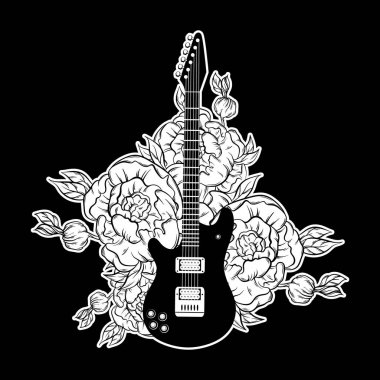 Gitar ve çiçek çizilen illüstrasyon vektör ver. Dövme resimleri. Kartı, poster, afiş, t-shirt, baskı için şablon etiketi.