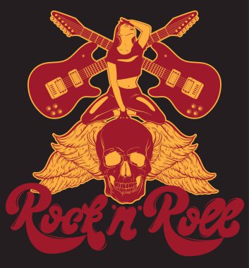 Vektör elle çizilmiş çizim gitar ve elle yazılmış yazı. İnsan kafatası ve kanatlar dövme resimle. Genç güzel kız gerçekçi portresi. Kartı, poster, afiş, t-shirt, baskı için şablon etiketi.
