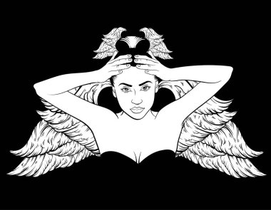 Genç güzel kadın çizilen illüstrasyon vektör ver. Kanatlı güzel kız gerçekçi portresi. Şablon için kart, poster, afiş, t-shirt, etiket, tekstil için yazdırmak.