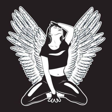 Vektör elle çizilmiş çizim diz izole kanatları olan bir kız. Kartı, poster, afiş t-shirt için yazdırma için şablon. 