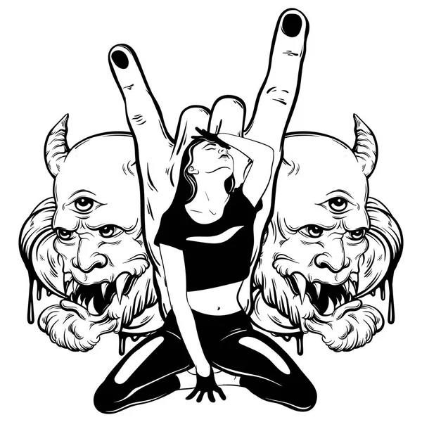 Векторна Рука Намальована Ілюстрація Дівчини Колінах Демони Рок Рука Ізольована — стоковий вектор