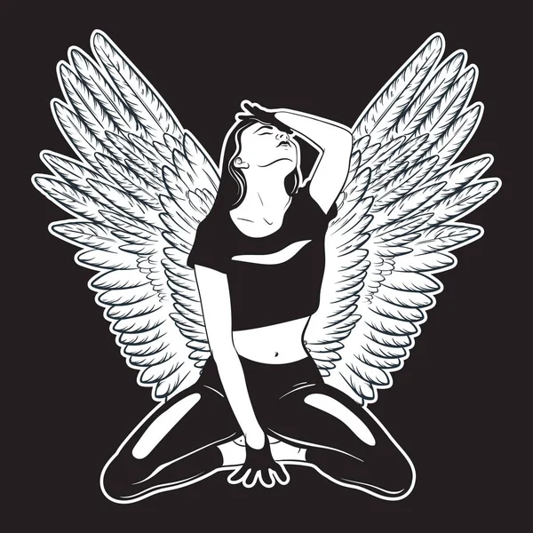 Vektor Handgezeichnete Illustration Eines Mädchens Auf Knien Mit Isolierten Flügeln — Stockvektor