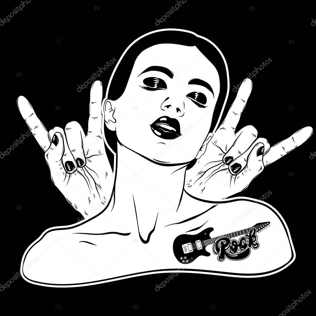 Vector hand drawn illustration of guitar, rock hands  and handwritten lettering. Realistic  portrait of young pretty girl.  Tattoo artwork.  Template for card, poster, banner, print for t-shirt, label.