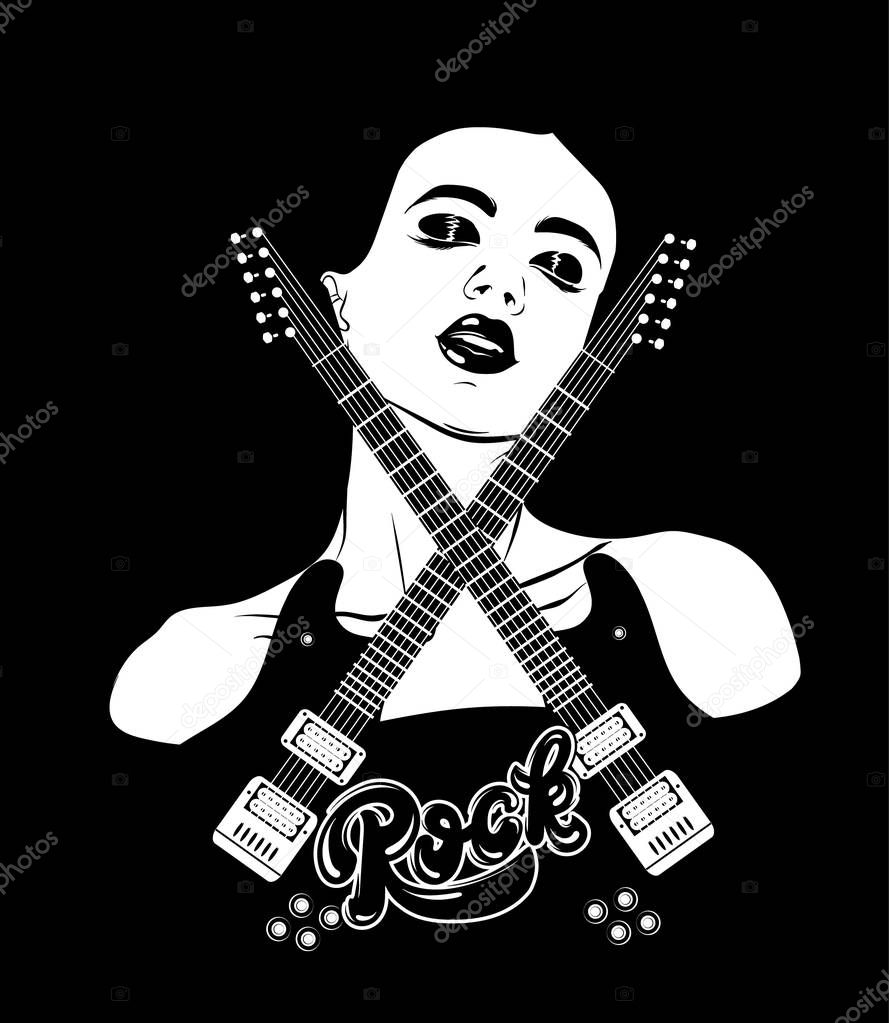 Vector hand drawn illustration of guitar and handwritten lettering. Tattoo artwork. Realistic  portrait of young pretty girl. Template for card, poster, banner, print for t-shirt, label.