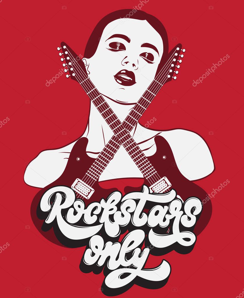 Vector hand drawn illustration of guitar and handwritten lettering. Tattoo artwork. Realistic  portrait of young pretty girl. Template for card, poster, banner, print for t-shirt, label.