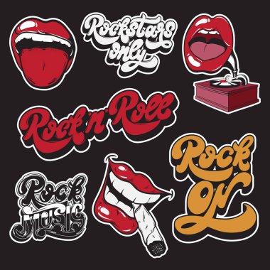 Vektör pimleri ve moda rozetleri çizilmiş topluluğu ver. Şablon kartı, poster, afiş, t-shirt, baskı için logo.