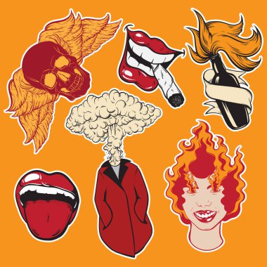 Vektör pimleri ve moda rozetleri çizilmiş topluluğu ver. Şablon kartı, poster, afiş, t-shirt, baskı için logo.